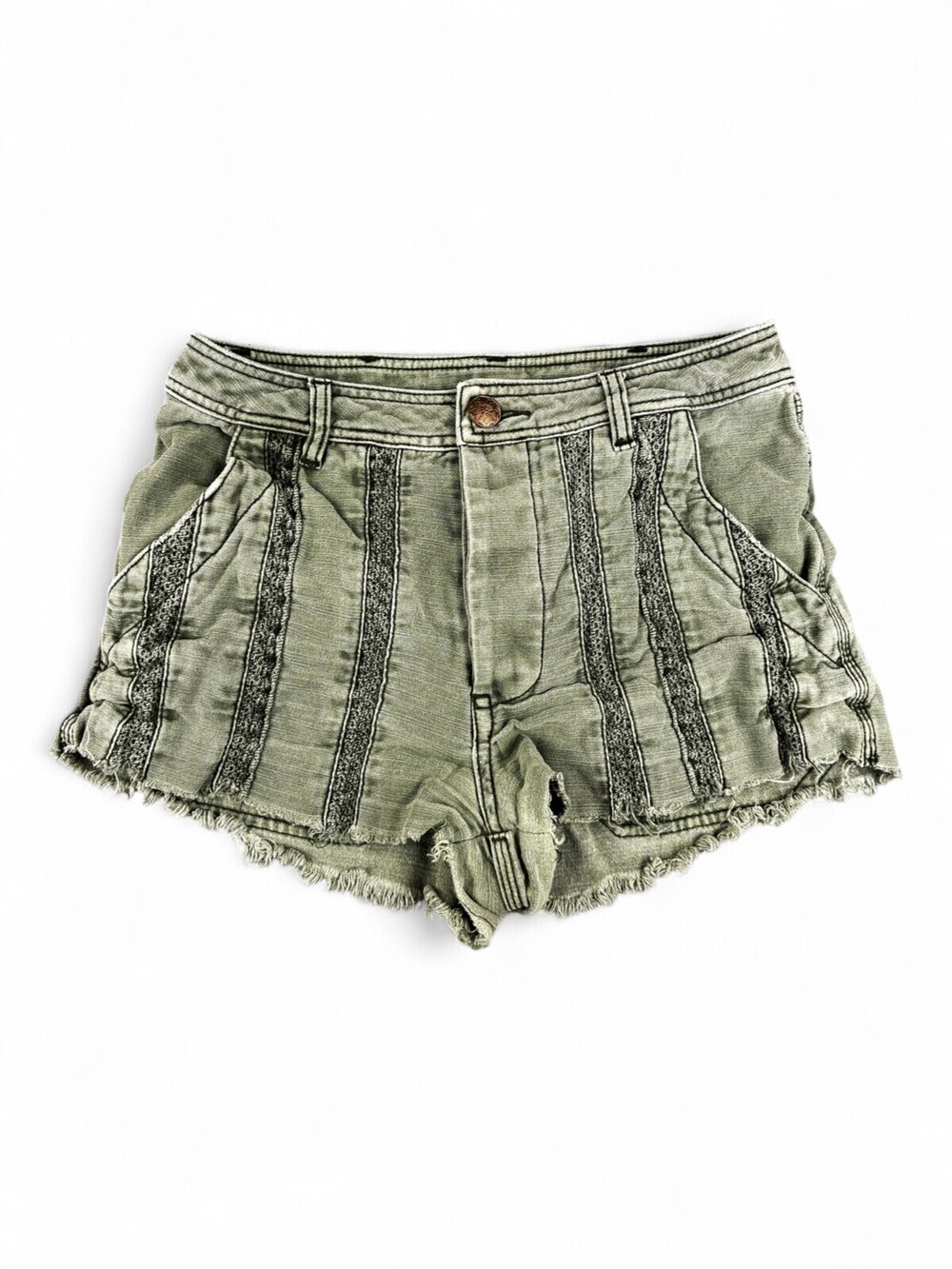 Free People Olive Embroidered High-Rise Frayed Shorts Sz 4